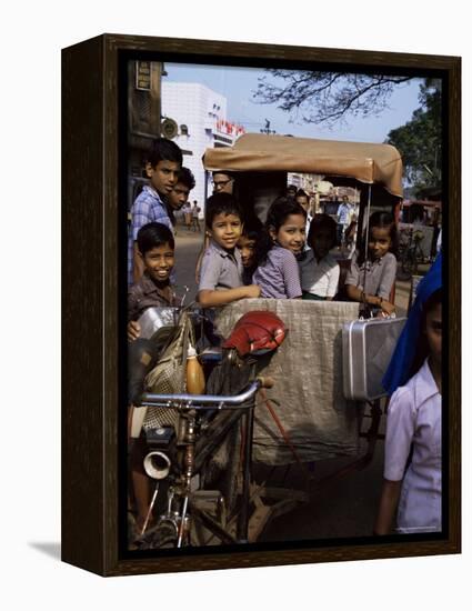 Schoolchildren in Cycle Rickshaw, Aleppey, Kerala State, India-Jenny Pate-Framed Premier Image Canvas