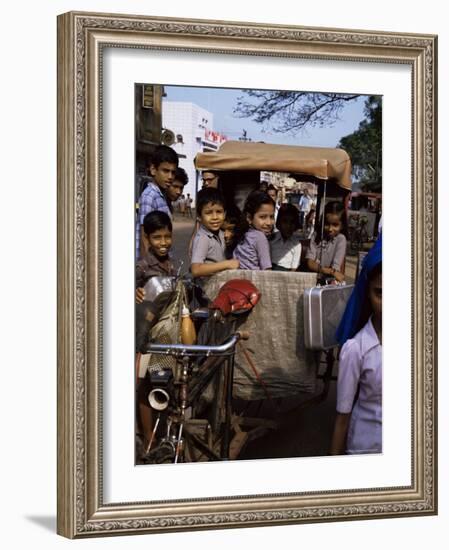 Schoolchildren in Cycle Rickshaw, Aleppey, Kerala State, India-Jenny Pate-Framed Photographic Print