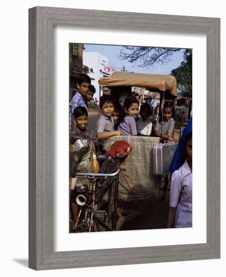 Schoolchildren in Cycle Rickshaw, Aleppey, Kerala State, India-Jenny Pate-Framed Photographic Print