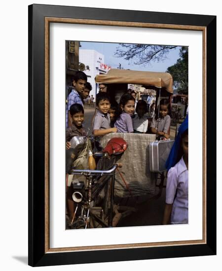 Schoolchildren in Cycle Rickshaw, Aleppey, Kerala State, India-Jenny Pate-Framed Photographic Print