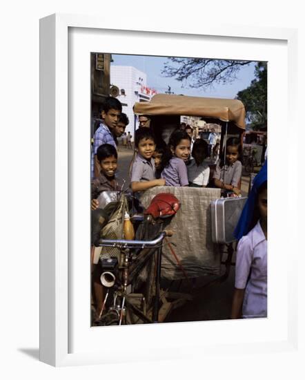 Schoolchildren in Cycle Rickshaw, Aleppey, Kerala State, India-Jenny Pate-Framed Photographic Print