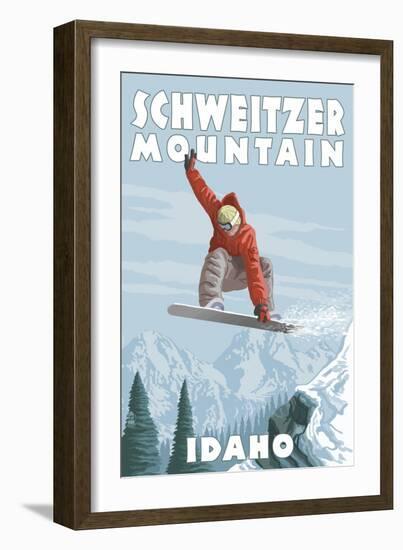 Schweitzer Mountain, Idaho - Snowboarder Jumping-Lantern Press-Framed Art Print