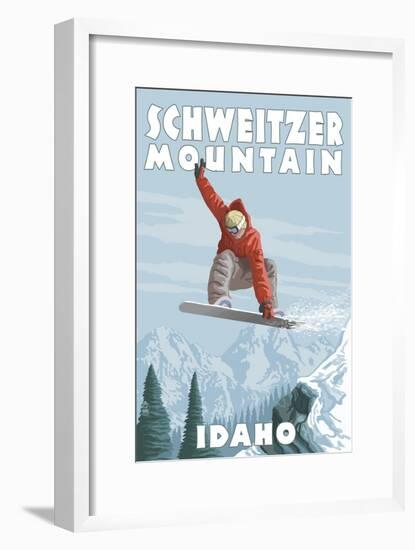 Schweitzer Mountain, Idaho - Snowboarder Jumping-Lantern Press-Framed Art Print