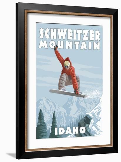 Schweitzer Mountain, Idaho - Snowboarder Jumping-Lantern Press-Framed Art Print