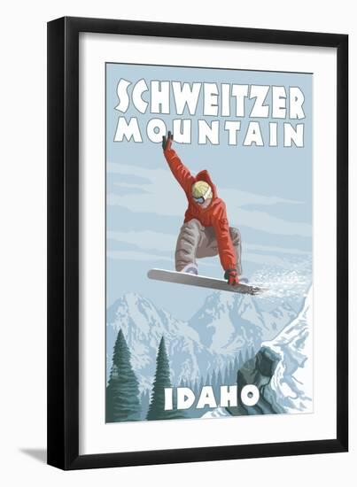 Schweitzer Mountain, Idaho - Snowboarder Jumping-Lantern Press-Framed Art Print