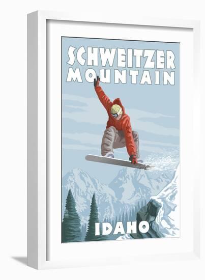 Schweitzer Mountain, Idaho - Snowboarder Jumping-Lantern Press-Framed Art Print