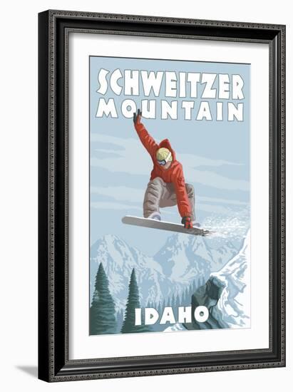 Schweitzer Mountain, Idaho - Snowboarder Jumping-Lantern Press-Framed Art Print