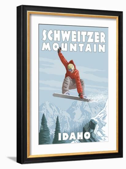 Schweitzer Mountain, Idaho - Snowboarder Jumping-Lantern Press-Framed Art Print