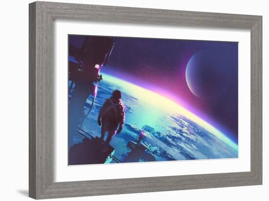 Sci-Fi Concept of the Man Looking at a Surface of the Earth from a Space,Illustration Painting-Tithi Luadthong-Framed Art Print