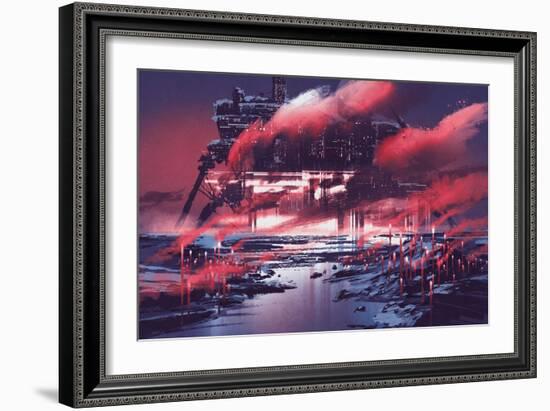Sci-Fi Scene of Industrial City,Illustration Painting-Tithi Luadthong-Framed Art Print