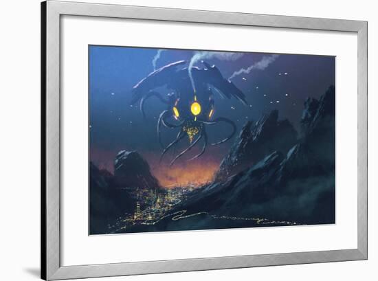 Sci-Fi Scene of the Alien Ship Invading Night City,Illustration Painting-Tithi Luadthong-Framed Art Print