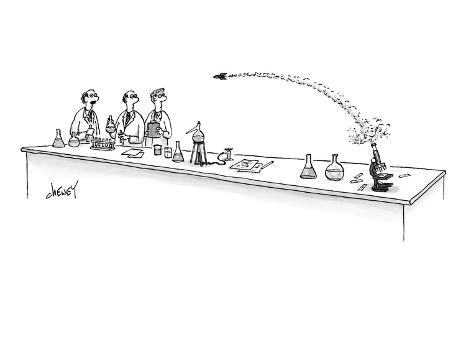 Scientists at one end of a long lab table watch rocket shooting out of mic… - New Yorker Cartoon' Premium Giclee Print - Tom Cheney Scientists at one end of a long lab table watch rocket shooting out of mic… - New Yorker Cartoon' Premium Giclee Print - Tom Cheney