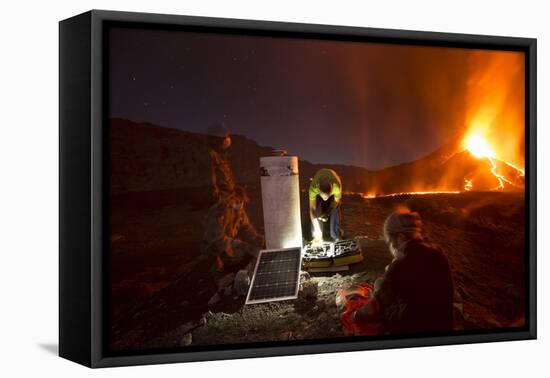 Scientists Observing Lava and Ash Plume Erupting from Fogo Volcano-Pedro Narra-Framed Premier Image Canvas