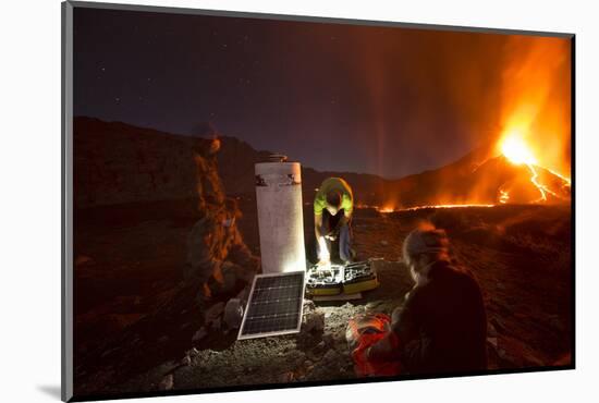 Scientists Observing Lava and Ash Plume Erupting from Fogo Volcano-Pedro Narra-Mounted Photographic Print