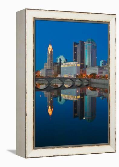 Scioto River and Columbus Ohio skyline at dusk-null-Framed Premier Image Canvas