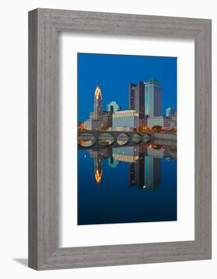 Scioto River and Columbus Ohio skyline at dusk-null-Framed Photographic Print