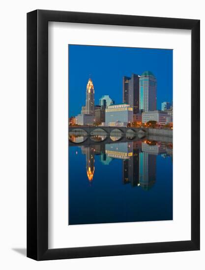 Scioto River and Columbus Ohio skyline at dusk-null-Framed Photographic Print