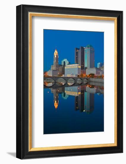 Scioto River and Columbus Ohio skyline at dusk-null-Framed Photographic Print