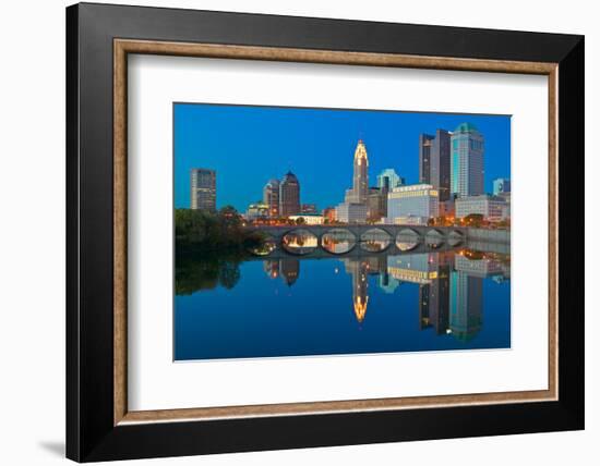 Scioto River and Columbus Ohio skyline at dusk-null-Framed Photographic Print