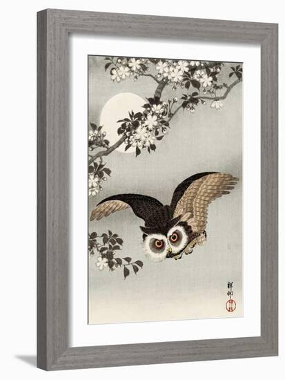 Scops Owl Flying under Cherry Blossoms-Koson Ohara-Framed Giclee Print