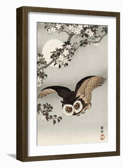 Scops Owl Flying under Cherry Blossoms-Koson Ohara-Framed Giclee Print