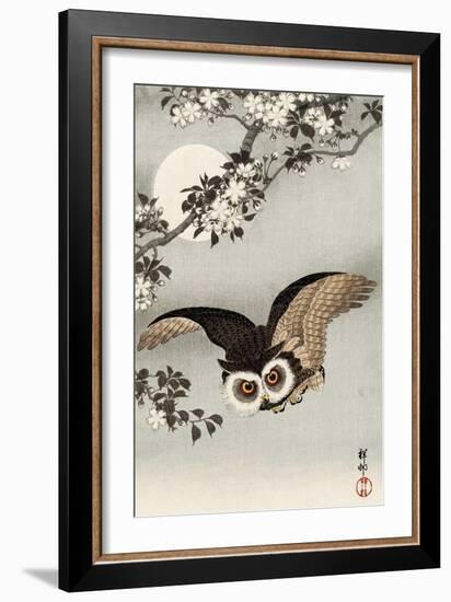 Scops Owl Flying under Cherry Blossoms-Koson Ohara-Framed Giclee Print