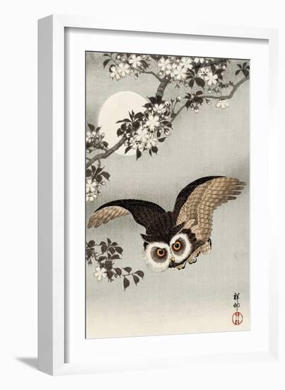 Scops Owl Flying under Cherry Blossoms-Koson Ohara-Framed Giclee Print