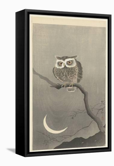 Scops Owl on a Branch with Crescent Moon, 1900-30 (Colour Woodcut)-Ohara Koson-Framed Premier Image Canvas