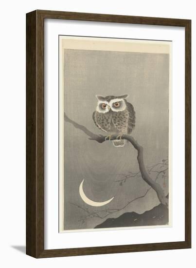 Scops Owl on a Branch with Crescent Moon, 1900-30 (Colour Woodcut)-Ohara Koson-Framed Giclee Print