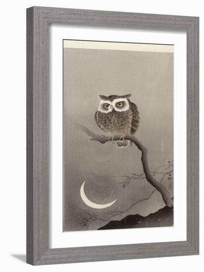 Scops Owl on a Branch with Crescent Moon-Ohara Koson-Framed Giclee Print