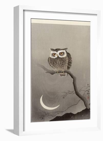 Scops Owl on a Branch with Crescent Moon-Ohara Koson-Framed Giclee Print