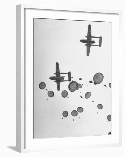 Scores of Paratroopers Dropping from C-82 "Flying Boxcar" and Landing on Level Ground-Frank Scherschel-Framed Photographic Print