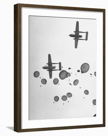 Scores of Paratroopers Dropping from C-82 "Flying Boxcar" and Landing on Level Ground-Frank Scherschel-Framed Photographic Print