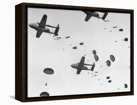 Scores of Paratroopers Dropping from C-82 "Flying Boxcar" and Landing on Level Ground-Frank Scherschel-Framed Premier Image Canvas