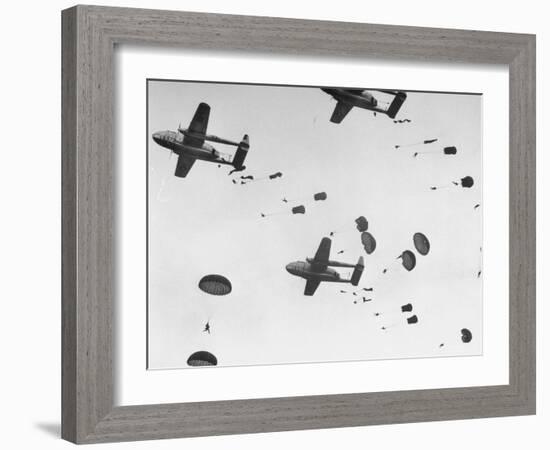 Scores of Paratroopers Dropping from C-82 "Flying Boxcar" and Landing on Level Ground-Frank Scherschel-Framed Photographic Print