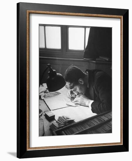 Scotland Yard Fingerprint Expert Working in the Scenes of Crime Search Room-David Scherman-Framed Photographic Print