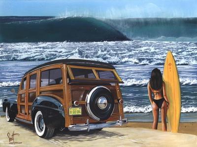 Buttercup Buick Woodie Beach Big Wave Vintage Original Painting Art Poster Print 