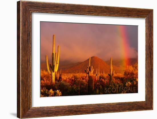 Scottsdale, Arizona - Cactus and Rainbow-Lantern Press-Framed Art Print