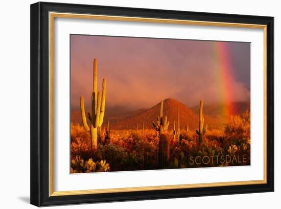 Scottsdale, Arizona - Cactus and Rainbow-Lantern Press-Framed Art Print