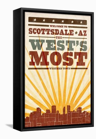 Scottsdale, Arizona - Skyline and Sunburst Screenprint Style-Lantern Press-Framed Stretched Canvas