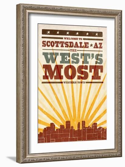 Scottsdale, Arizona - Skyline and Sunburst Screenprint Style-Lantern Press-Framed Art Print