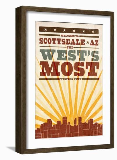 Scottsdale, Arizona - Skyline and Sunburst Screenprint Style-Lantern Press-Framed Art Print