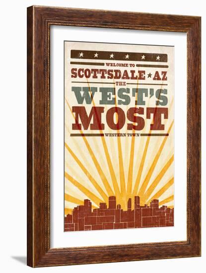 Scottsdale, Arizona - Skyline and Sunburst Screenprint Style-Lantern Press-Framed Art Print