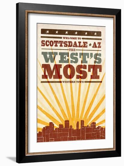 Scottsdale, Arizona - Skyline and Sunburst Screenprint Style-Lantern Press-Framed Art Print