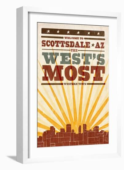 Scottsdale, Arizona - Skyline and Sunburst Screenprint Style-Lantern Press-Framed Art Print