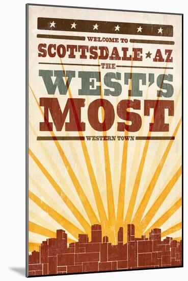 Scottsdale, Arizona - Skyline and Sunburst Screenprint Style-Lantern Press-Mounted Art Print