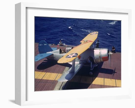 Scout Plane Preparing for Carrier Launch During Us Navy Manuevers Off the Hawaiian Islands-Carl Mydans-Framed Photographic Print