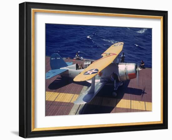 Scout Plane Preparing for Carrier Launch During Us Navy Manuevers Off the Hawaiian Islands-Carl Mydans-Framed Photographic Print