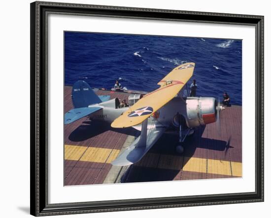 Scout Plane Preparing for Carrier Launch During Us Navy Manuevers Off the Hawaiian Islands-Carl Mydans-Framed Photographic Print