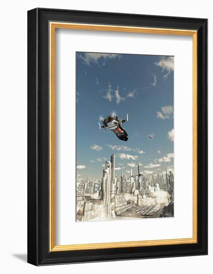 Scout Ship Scifi City Approach-null-Framed Art Print